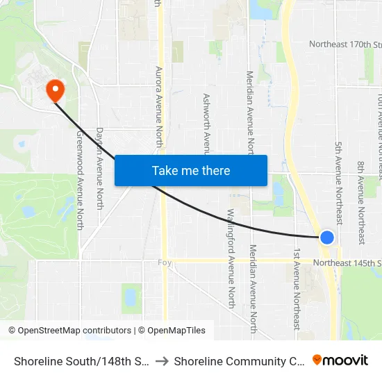 Shoreline South/148th Station to Shoreline Community College map