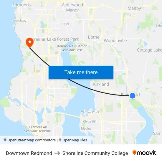 Downtown Redmond to Shoreline Community College map