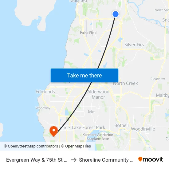 Evergreen Way & 75th St SE - NB to Shoreline Community College map