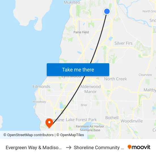 Evergreen Way & Madison St - NB to Shoreline Community College map