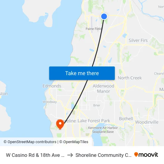 W Casino Rd & 18th Ave W - EB to Shoreline Community College map