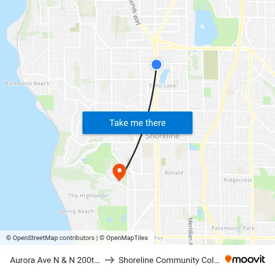 Aurora Ave N & N 200th St to Shoreline Community College map