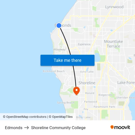 Edmonds to Shoreline Community College map