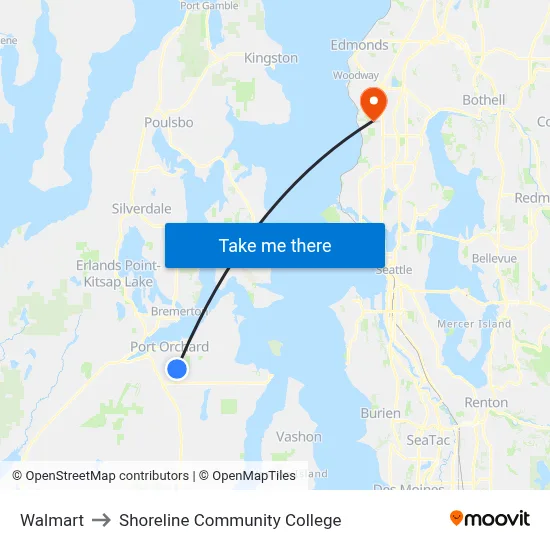 Walmart to Shoreline Community College map