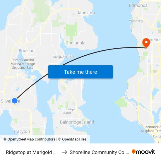 Ridgetop at Marigold Drive to Shoreline Community College map