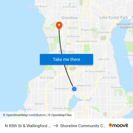 N 85th St & Wallingford Ave N to Shoreline Community College map