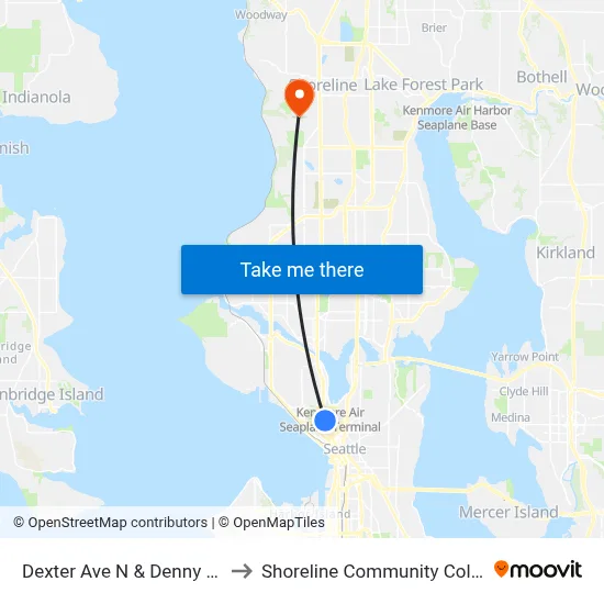 Dexter Ave N & Denny Way to Shoreline Community College map