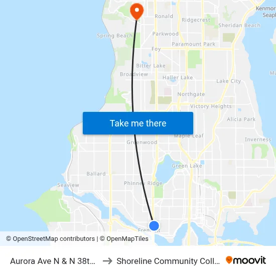 Aurora Ave N & N 38th St to Shoreline Community College map