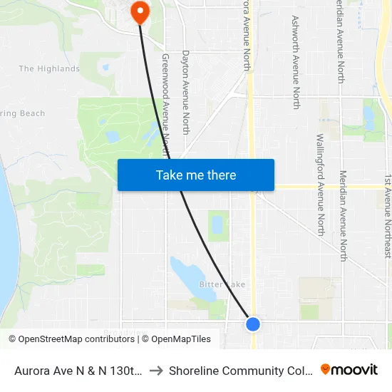 Aurora Ave N & N 130th St to Shoreline Community College map