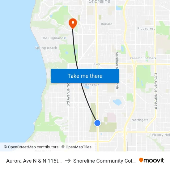 Aurora Ave N & N 115th St to Shoreline Community College map