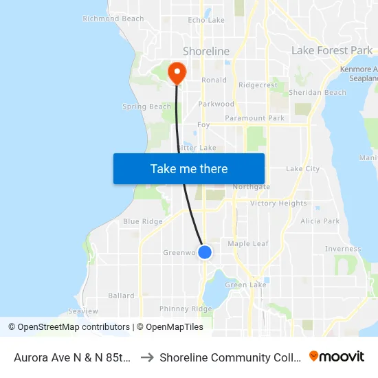 Aurora Ave N & N 85th St to Shoreline Community College map
