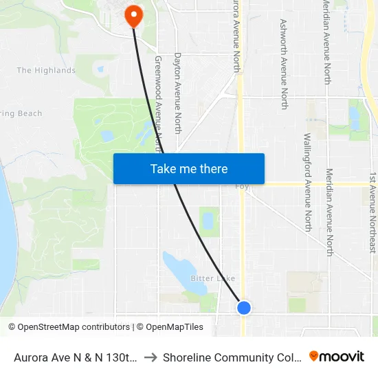 Aurora Ave N & N 130th St to Shoreline Community College map