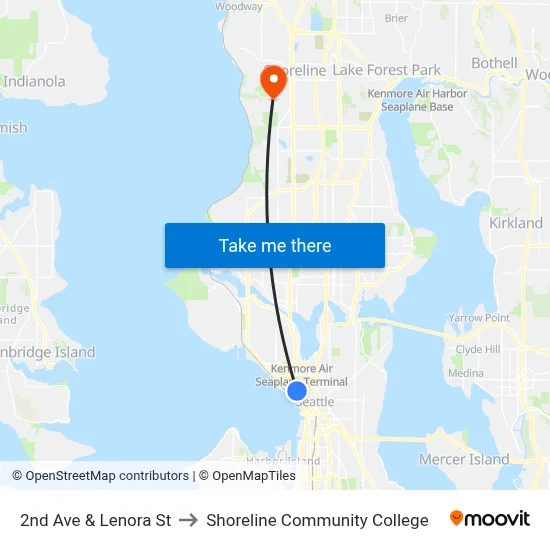 2nd Ave & Lenora St to Shoreline Community College map