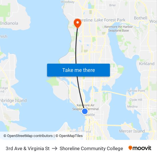 3rd Ave & Virginia St to Shoreline Community College map
