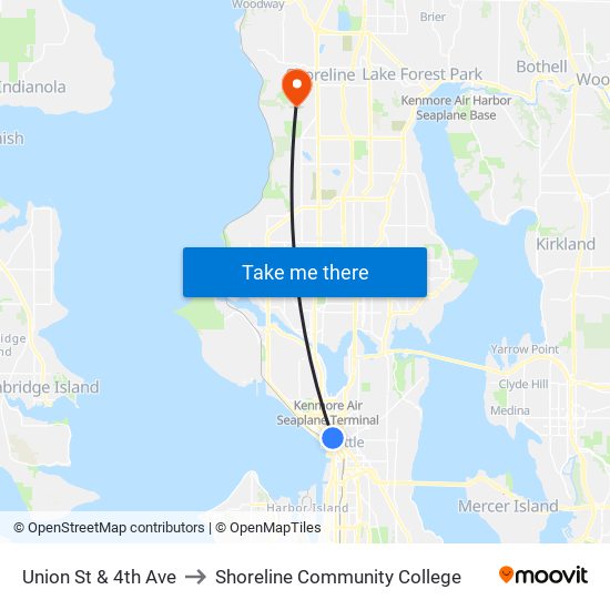 Union St & 4th Ave to Shoreline Community College map