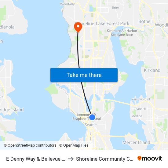 E Denny Way & Bellevue Ave E to Shoreline Community College map