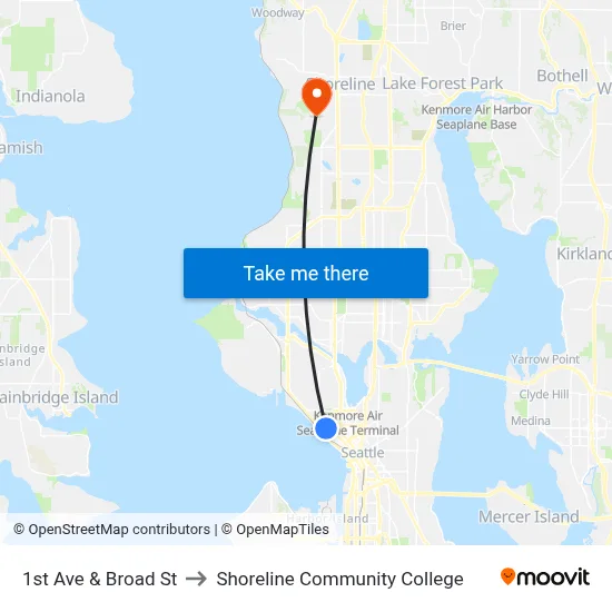1st Ave & Broad St to Shoreline Community College map