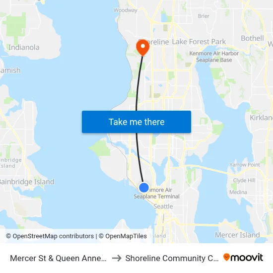 Mercer St & Queen Anne Ave N to Shoreline Community College map