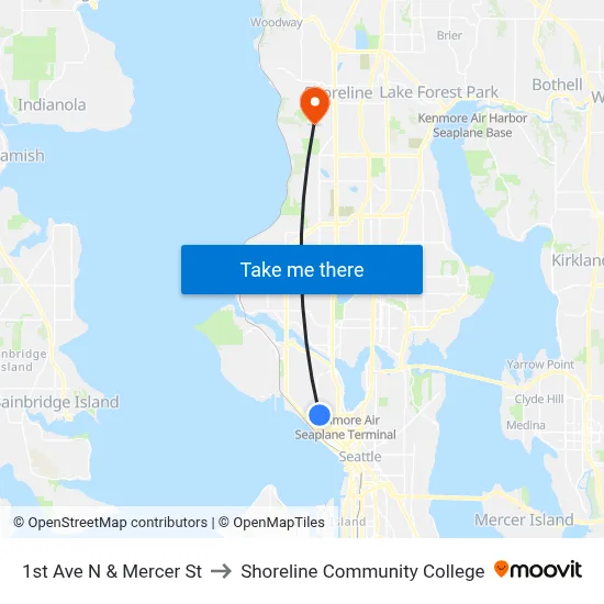 1st Ave N & Mercer St to Shoreline Community College map