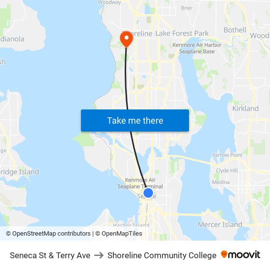 Seneca St & Terry Ave to Shoreline Community College map