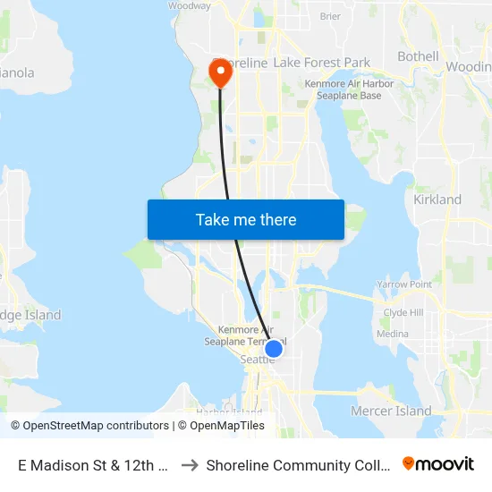 E Madison St & 12th Ave to Shoreline Community College map