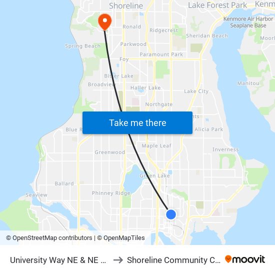 University Way NE & NE 45th St to Shoreline Community College map