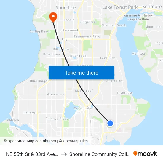NE 55th St & 33rd Ave NE to Shoreline Community College map