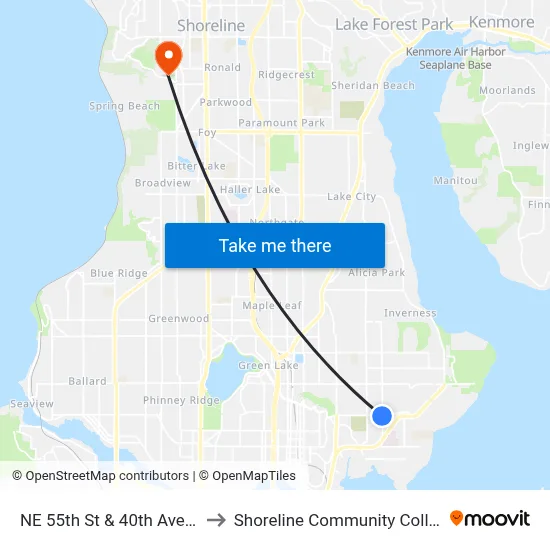 NE 55th St & 40th Ave NE to Shoreline Community College map