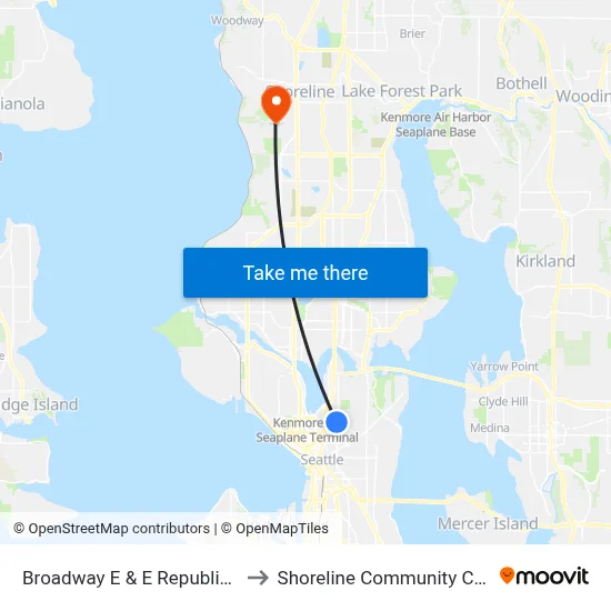 Broadway E & E Republican St to Shoreline Community College map