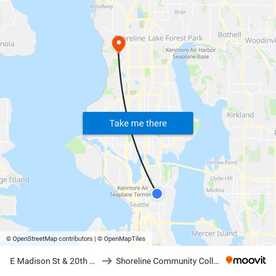 E Madison St & 20th Ave to Shoreline Community College map