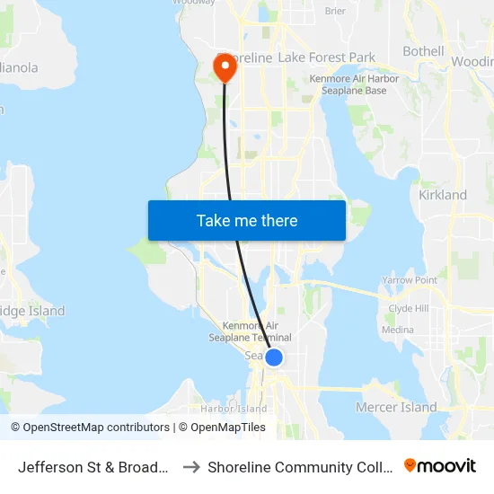 Jefferson St & Broadway to Shoreline Community College map