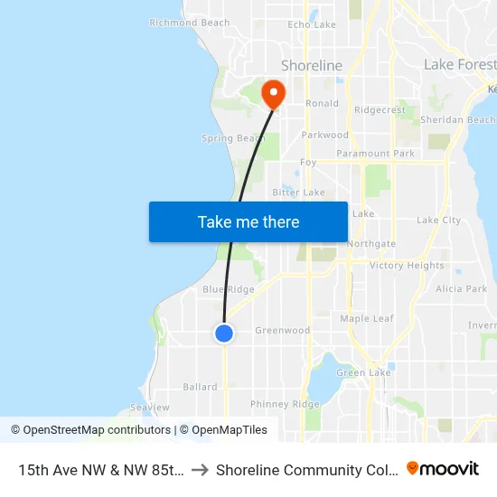 15th Ave NW & NW 85th St to Shoreline Community College map