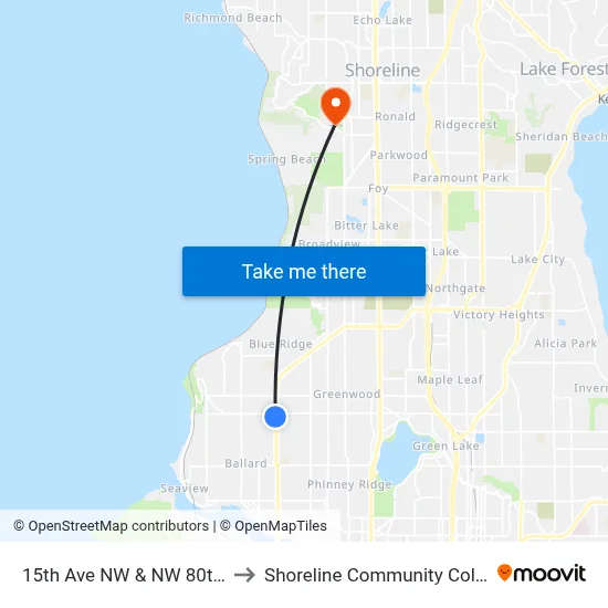 15th Ave NW & NW 80th St to Shoreline Community College map