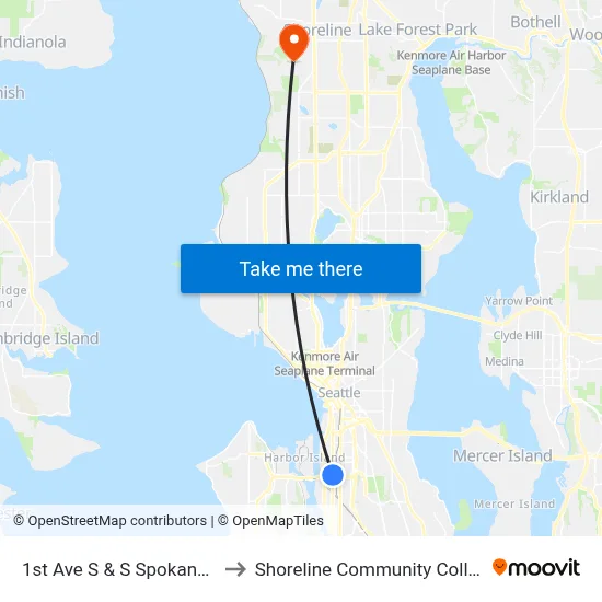 1st Ave S & S Spokane St to Shoreline Community College map