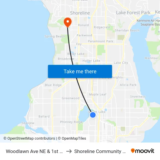 Woodlawn Ave NE & 1st Ave NE to Shoreline Community College map