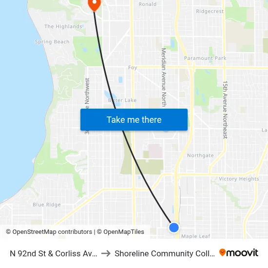 N 92nd St & Corliss Ave N to Shoreline Community College map