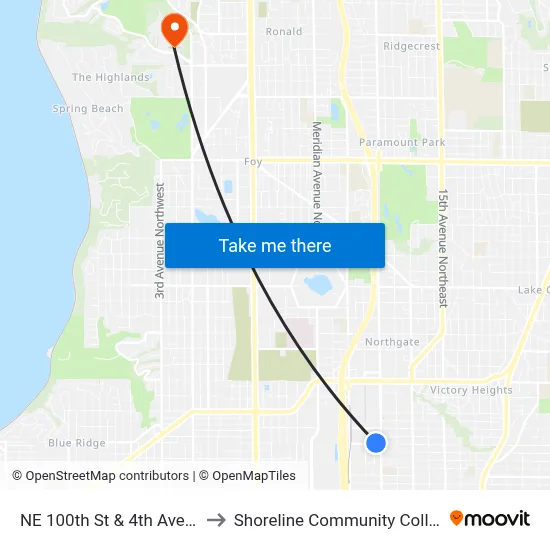 NE 100th St & 4th Ave NE to Shoreline Community College map