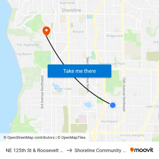 NE 125th St & Roosevelt Way NE to Shoreline Community College map