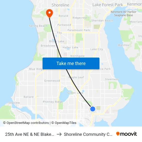 25th Ave NE & NE Blakeley St to Shoreline Community College map