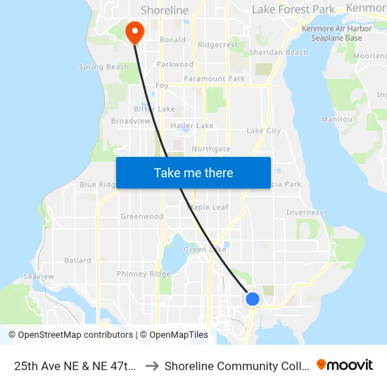 25th Ave NE & NE 47th St to Shoreline Community College map