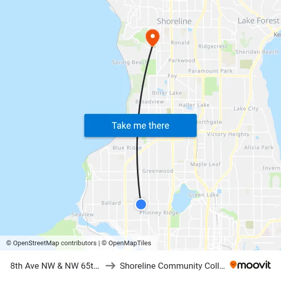 8th Ave NW & NW 65th St to Shoreline Community College map