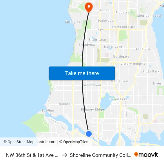 NW 36th St & 1st Ave NW to Shoreline Community College map