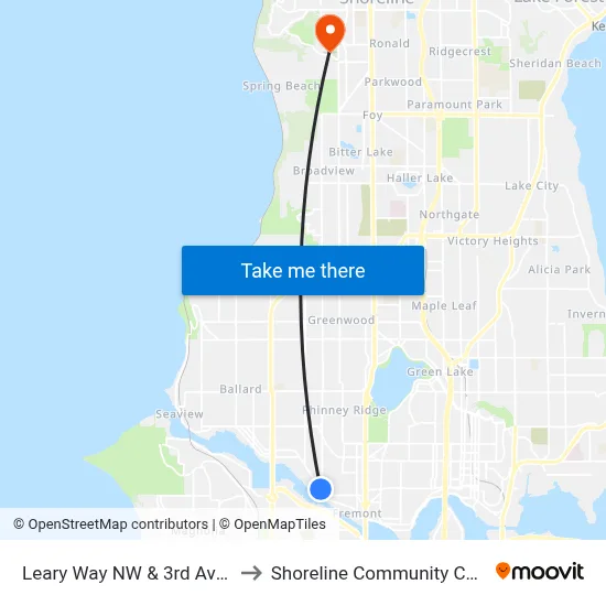Leary Way NW & 3rd Ave NW to Shoreline Community College map