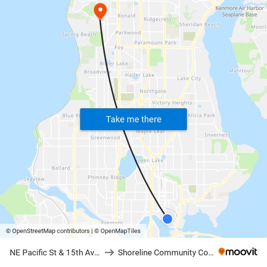 NE Pacific St & 15th Ave NE to Shoreline Community College map