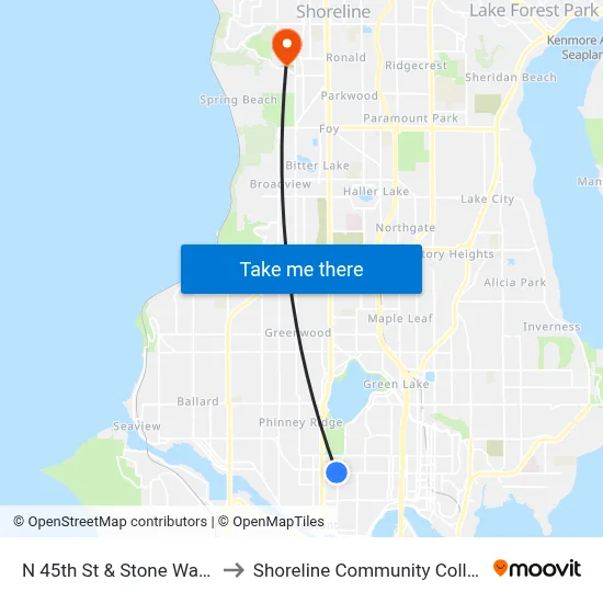 N 45th St & Stone Way N to Shoreline Community College map