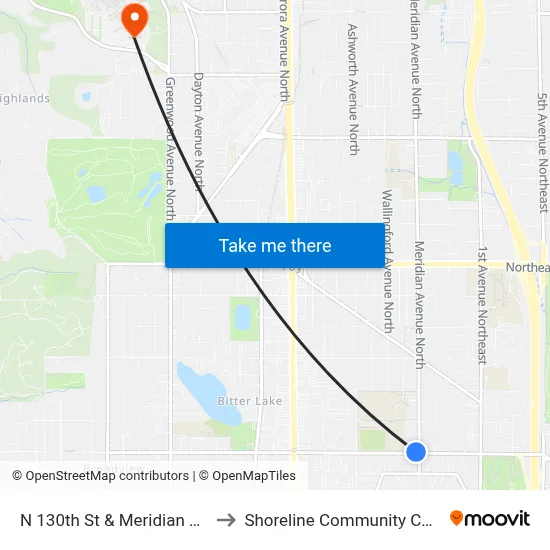 N 130th St & Meridian Ave N to Shoreline Community College map
