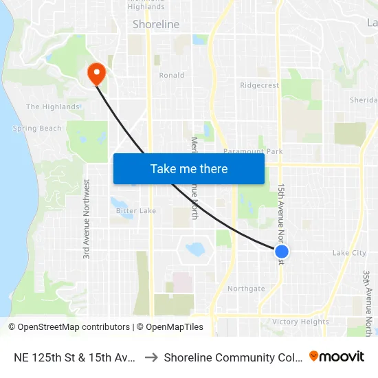 NE 125th St & 15th Ave NE to Shoreline Community College map