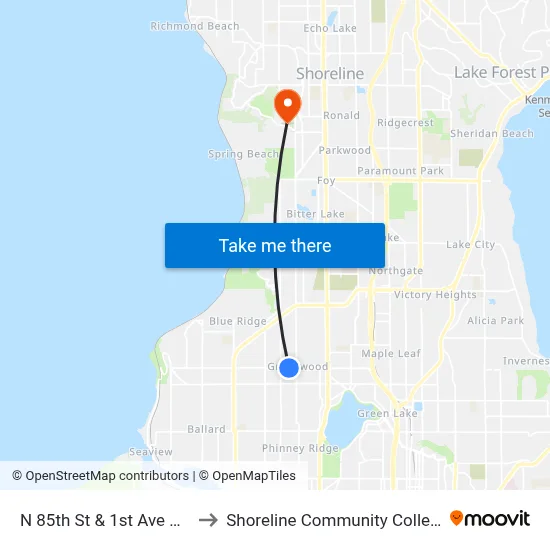 N 85th St & 1st Ave NW to Shoreline Community College map
