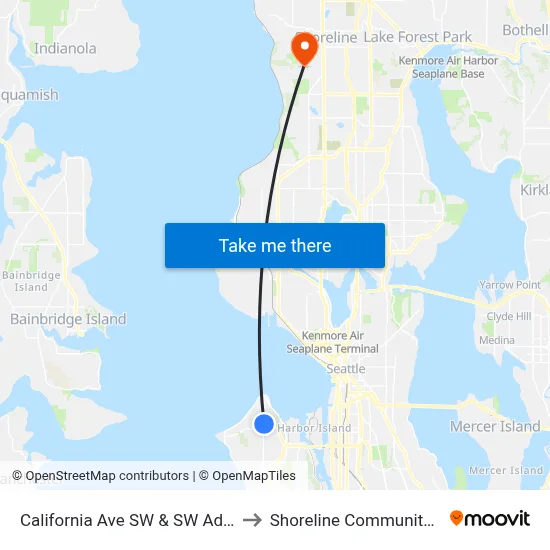 California Ave SW & SW Admiral Way to Shoreline Community College map