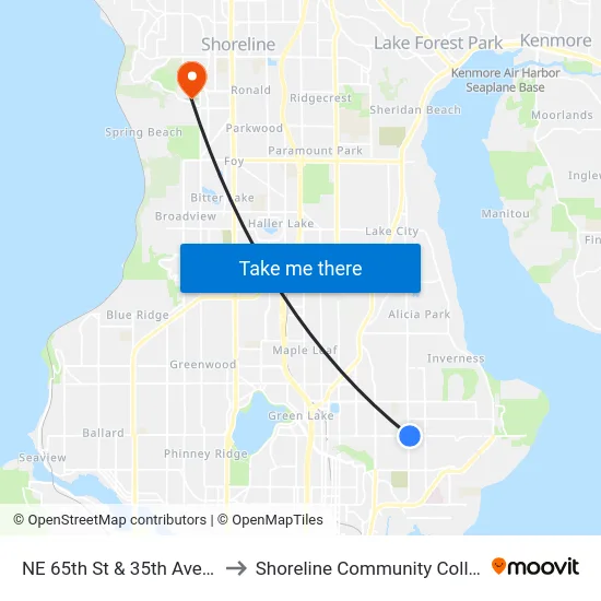 NE 65th St & 35th Ave NE to Shoreline Community College map